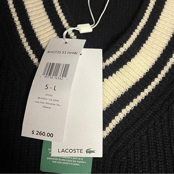Lacoste NWT 100% Wool Holiday Comic Badge Striped V-Neck Sweater 5 Large - Picture 8 of 13